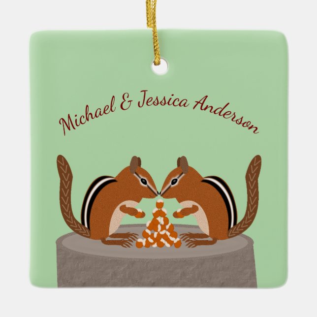 Cute Chipmunks Fall Wedding Custom Ceramic Ornament (Front)
