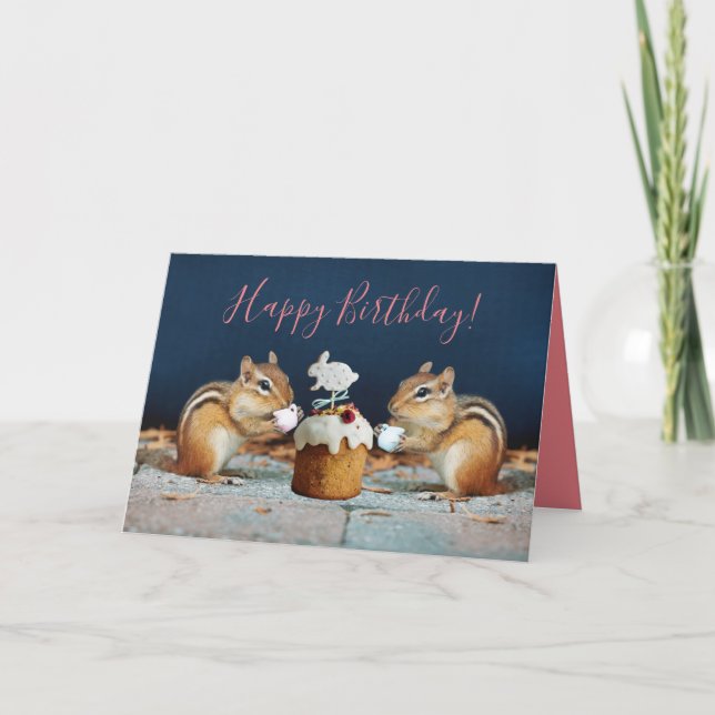 Cute Chipmunks Sharing Birthday Cake and Coffee Card (Front)