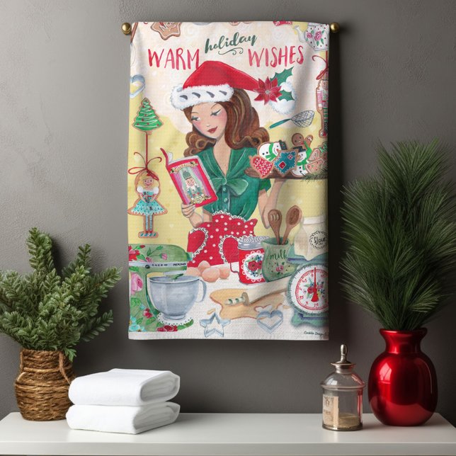 Cute Chirstmas Nutcracker Cookies Mrs Santa Woman Tea Towel (Chirstmas Nutcracker Backing Cookies Woman Kitchen Towel)