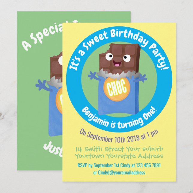 Cute chocolate bar cartoon invitation (Front/Back)