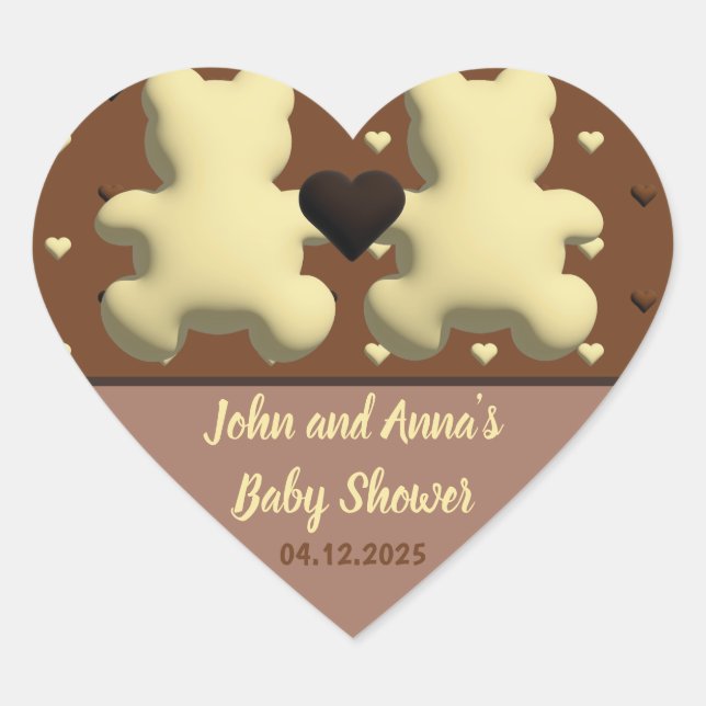 Cute chocolate bear Baby shower heart stickers (Front)
