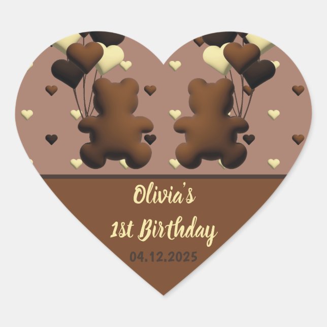 Cute chocolate bear Birthday heart stickers (Front)