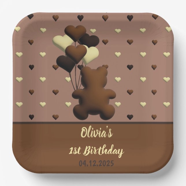 Cute chocolate bear Birthday square paper plates (Front)