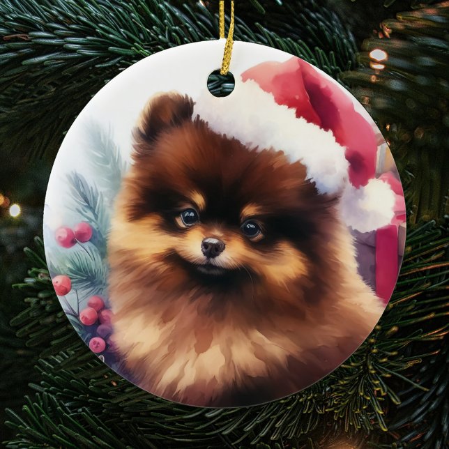Cute Chocolate Brown Pomeranian Christmas Ceramic Ornament (Creator Uploaded)
