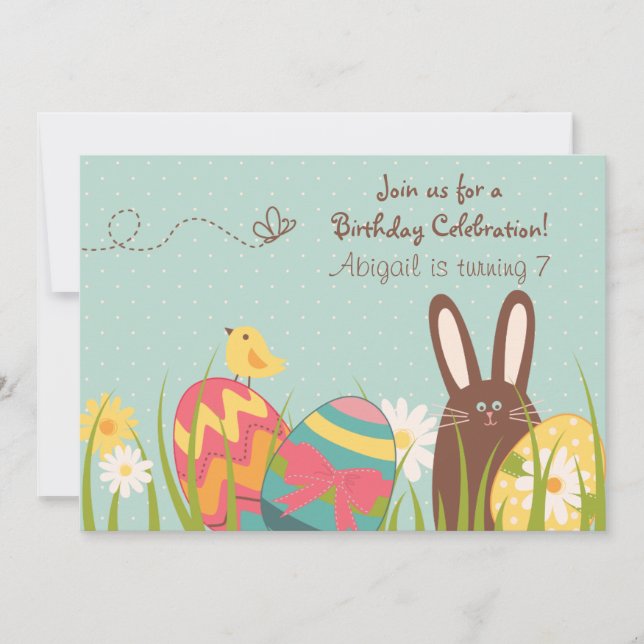 Cute Chocolate Bunny and Easter Eggs Birthday Invitation (Front)