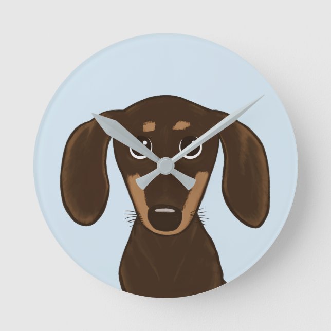 Cute Chocolate Dachshund | Cartoon Wiener Dog Round Clock (Front)