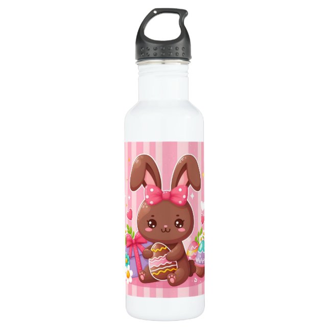 Cute chocolate Easter bunny with pink stripes 710 Ml Water Bottle (Front)