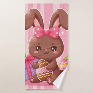 Cute chocolate Easter bunny with pink stripes Bath Towel