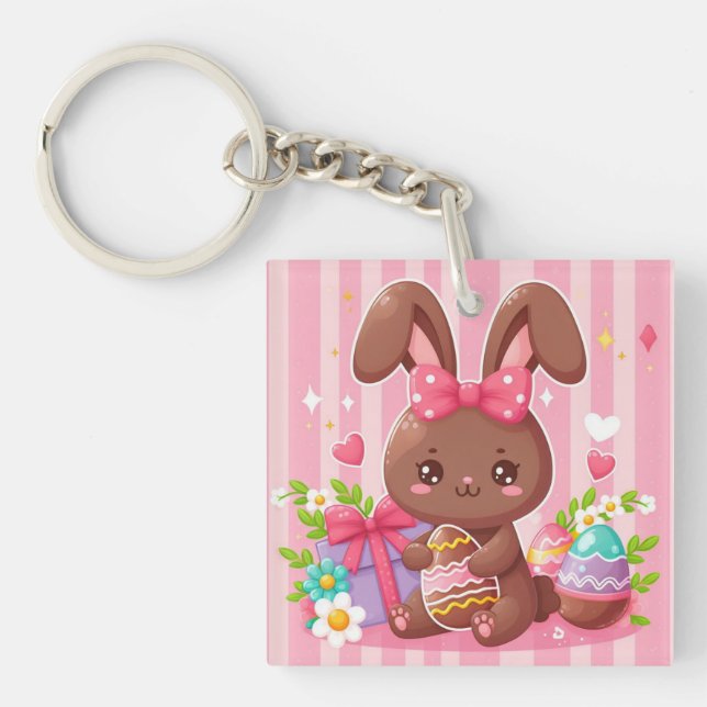 Cute chocolate Easter bunny with pink stripes Key Ring (Front)