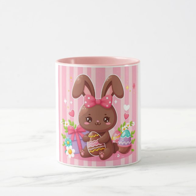 Cute chocolate Easter bunny with pink stripes Mug (Center)