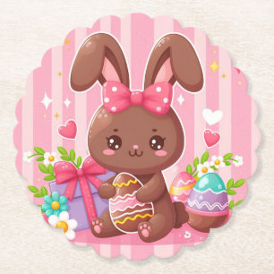 Cute chocolate Easter bunny with pink stripes Paper Coaster