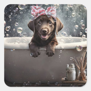 Cute Chocolate Labrador Retriever in Bathtub Square Sticker