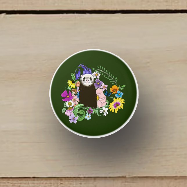 Cute Chocolate Sable Ferret Floral Green Ceramic Knob (Creator Uploaded)