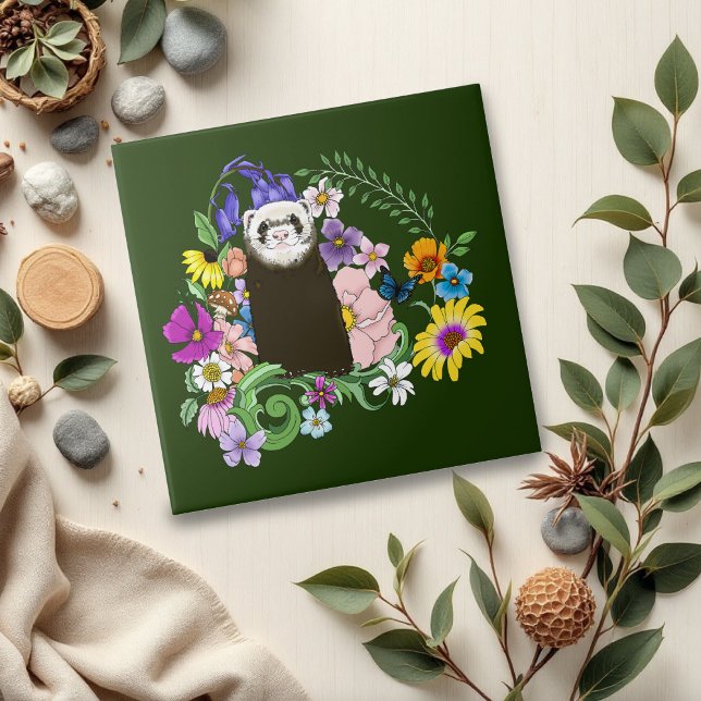 Cute Chocolate Sable Ferret Floral Green Ceramic Tile (Creator Uploaded)