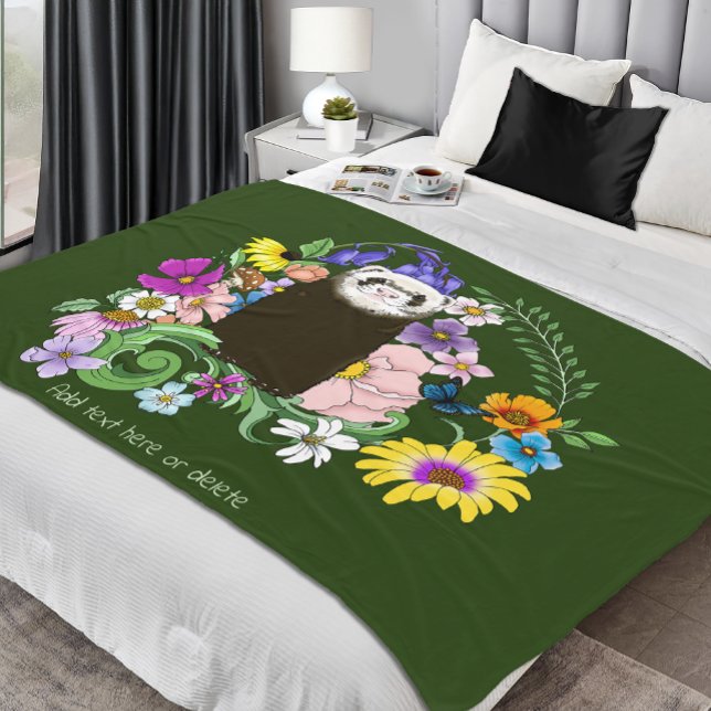 Cute Chocolate Sable Ferret Floral Green Fleece Blanket (Creator Uploaded)