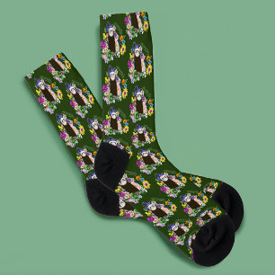 Cute Chocolate Sable Ferret Floral Green Socks