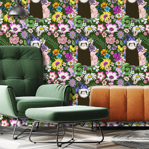 Cute Chocolate Sable Ferret Floral Green Wallpaper