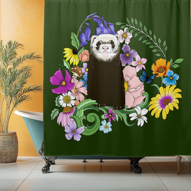 Cute Chocolate Sable Forest Floral Green Shower Curtain (Creator Uploaded)