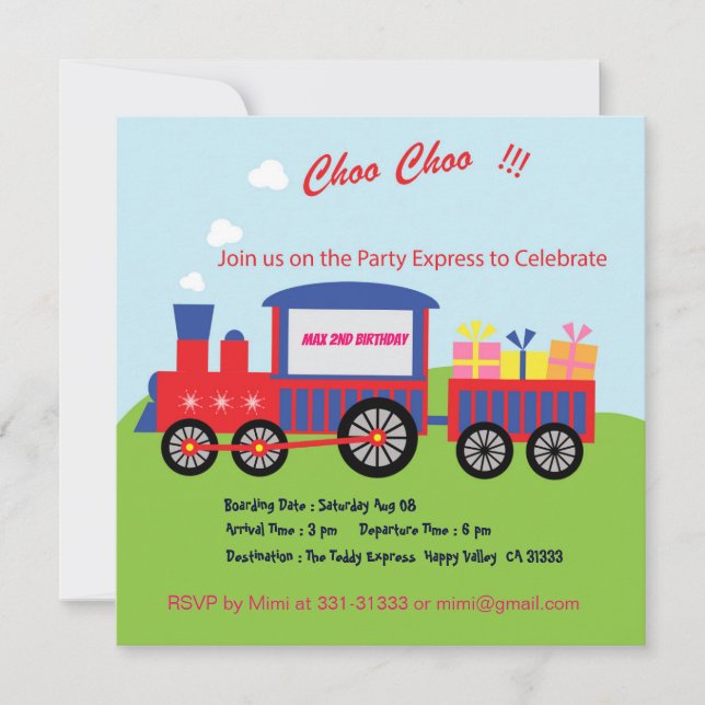 Cute Choo Choo Train Birthday Party Invitation (Front)