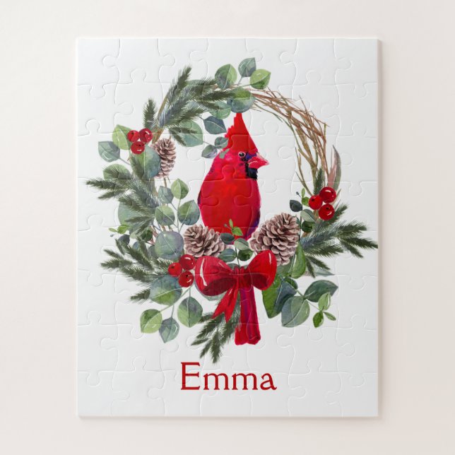Cute Chrismas Cardinal Bird Nature Custom Name Jigsaw Puzzle (Vertical)