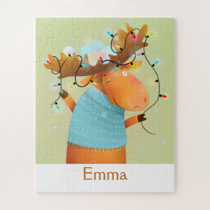 Cute Chrismas Lights Moose Animal Nature Art  Jigsaw Puzzle