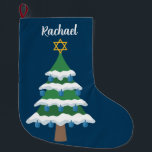 Cute Chrismukkah Hanukkah Dreidel Tree Large Christmas Stocking<br><div class="desc">This cute Chrismukkah stocking features a green Christmas tree decorated with blue dreidel ornaments and a gold Jewish Star of David at the top for Hanukkah to combine the 2 holidays for a family that celebrates both. Personalise with your name in white.</div>
