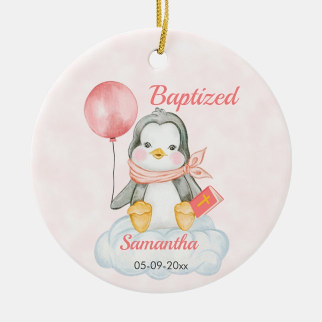 Cute Christening Baby Penguin Pink Ceramic Ornament (Front)
