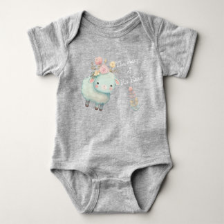 Cute Christian Blue Lamb Flowers Personal Name Baby Bodysuit