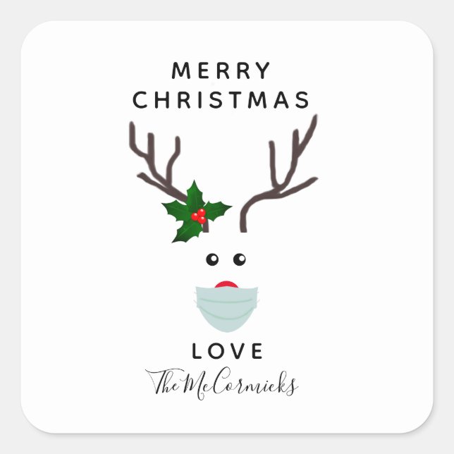 Cute Christmas 2020 Reindeer In Face Mask Name Square Sticker (Front)