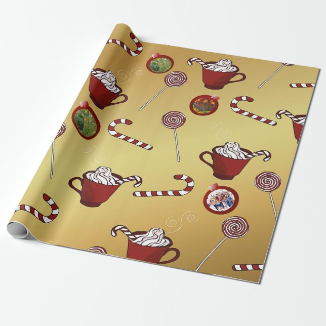 Cute Christmas 3 photos custom and candy canes Wrapping Paper (Unrolled)