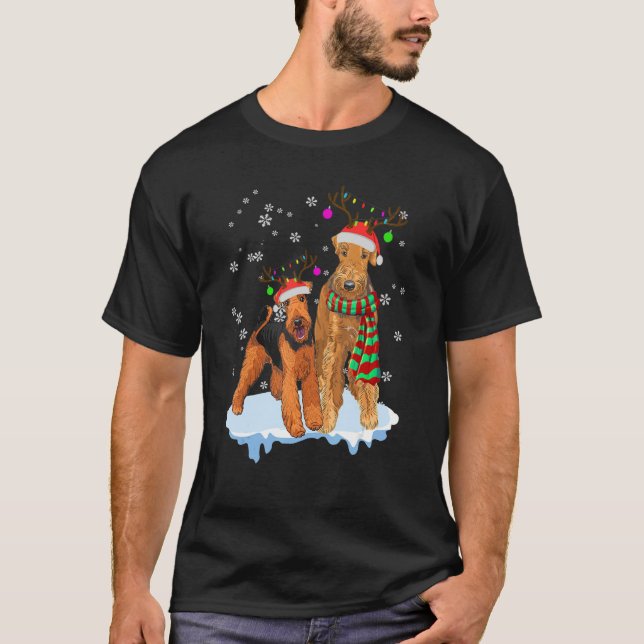 Cute Christmas Airedale Terrier Santa Hats Reindee T-Shirt (Front)