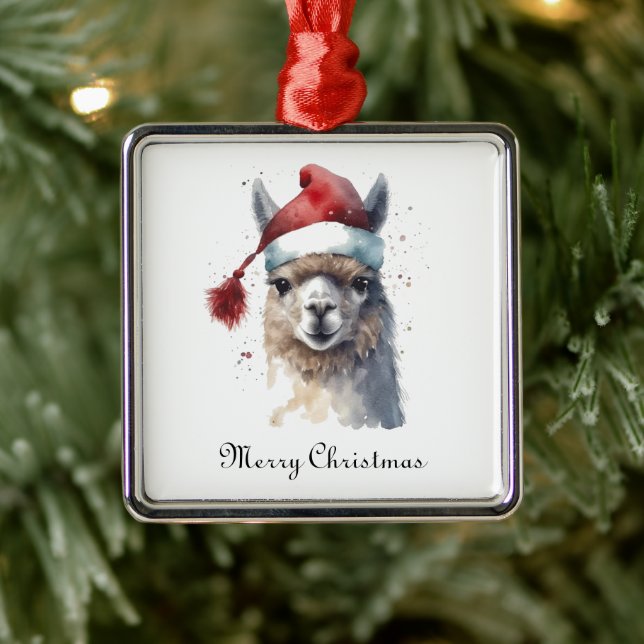 Cute Christmas Alpaca, custom Metal Ornament (Tree)