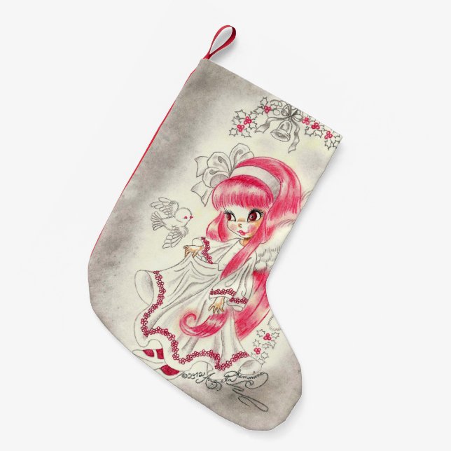 Cute Christmas Angel With Red Hair And Holly Small Christmas Stocking (Front (Hanging))