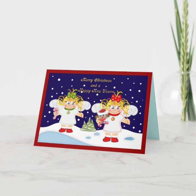 Cute Christmas angels and golden text card (Front)