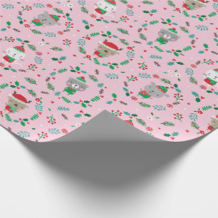 Cute Christmas Animal Wreaths Pink Wrapping Paper