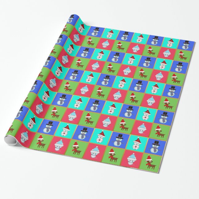 Cute Christmas Animals and Snowman Pattern Wrapping Paper (Unrolled)