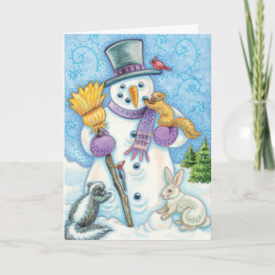 Cute Christmas Animals Building a Snowman Holiday Card