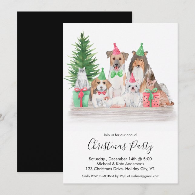Cute Christmas Animals Dog Cat Puppy Kitten Party Invitation (Front/Back)