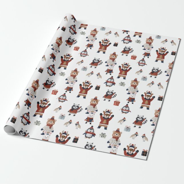 Cute Christmas Animals in Sweaters Pattern Wrappin Wrapping Paper (Unrolled)