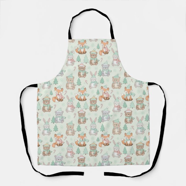 Cute Christmas Animals Seamless Pattern Apron (Front)