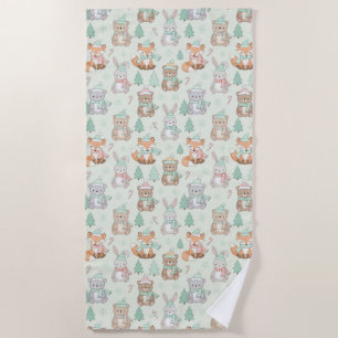 Cute Christmas Animals Seamless Pattern Beach Towel