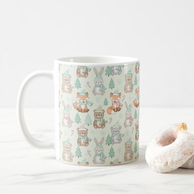 Cute Christmas Animals Seamless Pattern Coffee Mug (With Donut)