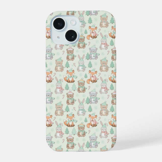 Cute Christmas Animals Seamless Pattern iPhone 15 Case (Back)
