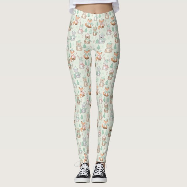 Cute Christmas Animals Seamless Pattern Leggings (Front)