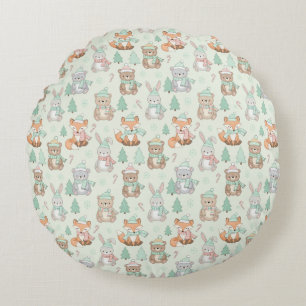 Cute Christmas Animals Seamless Pattern Round Cushion