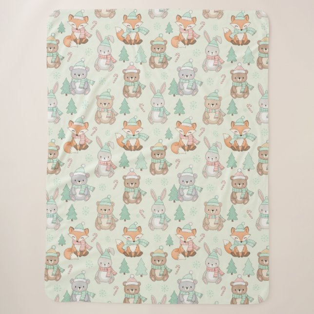 Cute Christmas Animals Seamless Pattern Sherpa Blanket (Front)