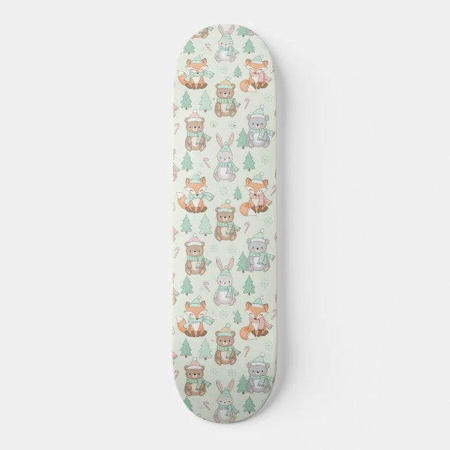 Cute Christmas Animals Seamless Pattern Skateboard (Front)