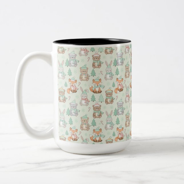 Cute Christmas Animals Seamless Pattern Two-Tone Coffee Mug (Left)