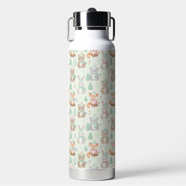 Cute Christmas Animals Seamless Pattern Water Bottle (Front)