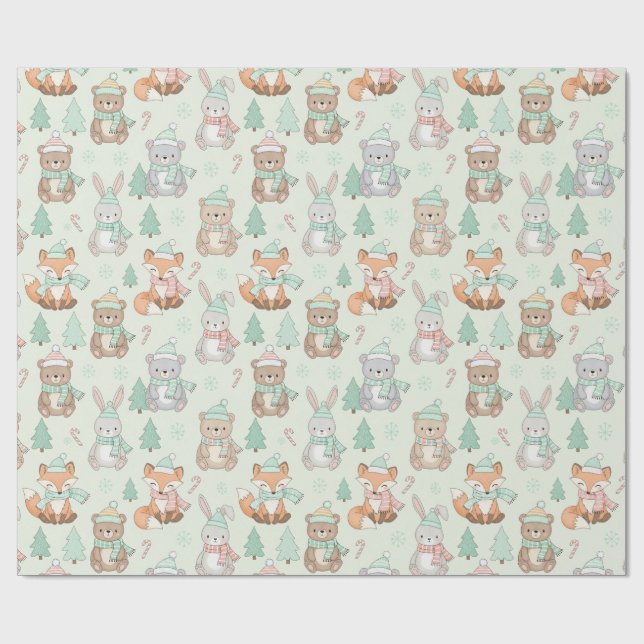 Cute Christmas Animals Seamless Pattern Wrapping Paper (Flat)